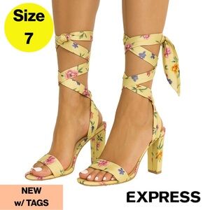 NEW w TAGS 🏷️ EXPRESS Yellow Floral Women's Heels, Leg & Ankle Straps (Womens 7)